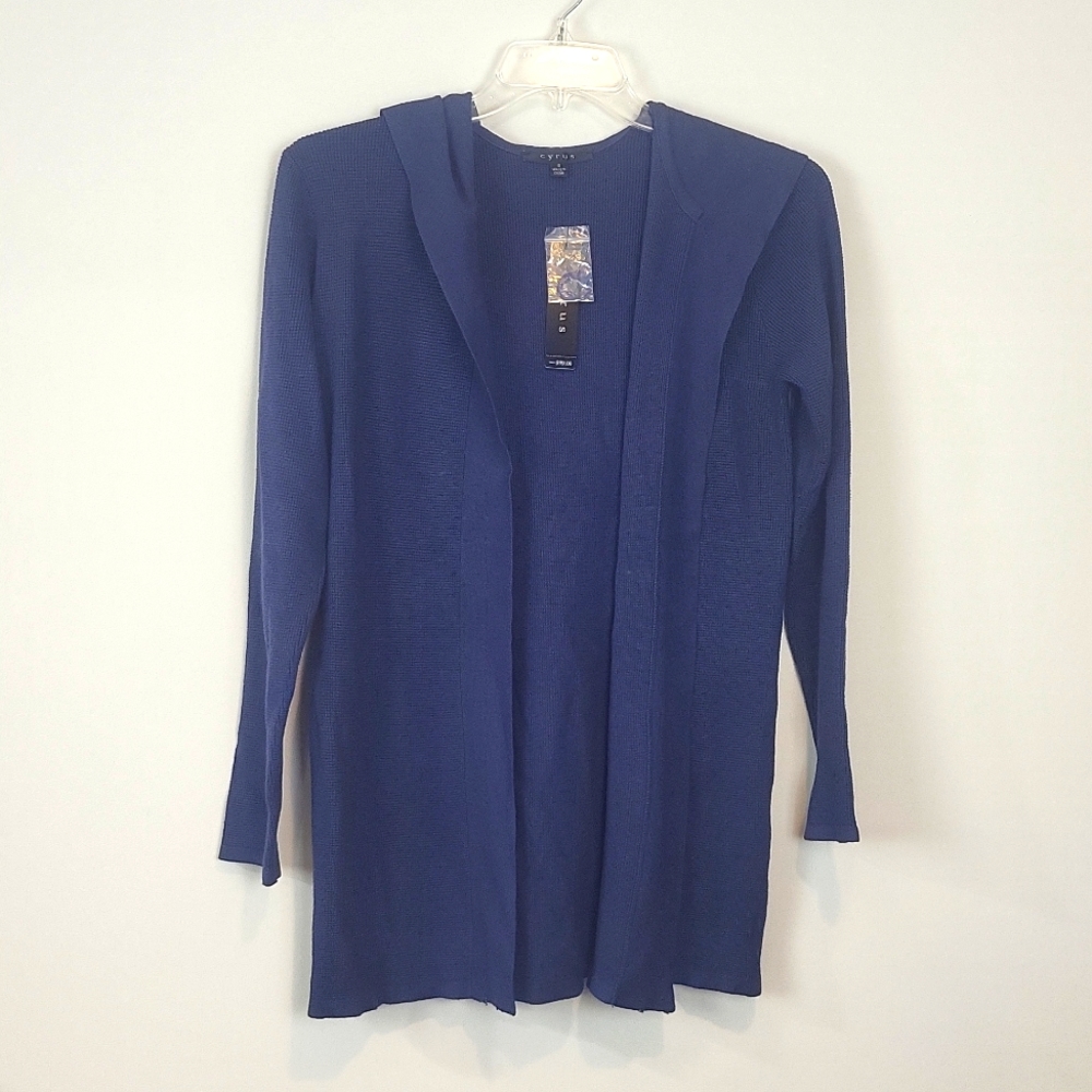 CYRUS Blue Rayon Thermal Waffle Knit  Open Cardigan with Hood